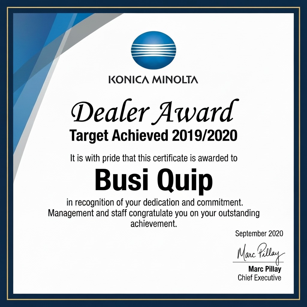 Konica Minolta Dealer Award — Target Achieved 2019/2020